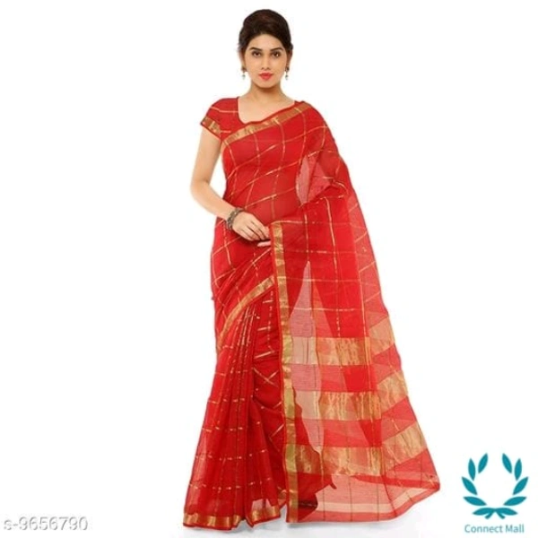 Kota Doria Cotton Zari Stripes Checks saree with Unstitched Blouse piece - Saree Length Size:5.5m Blouse Length Size:0.8, Red, Saree And Blouse Fabric:Cotton Blend, Pack of :1